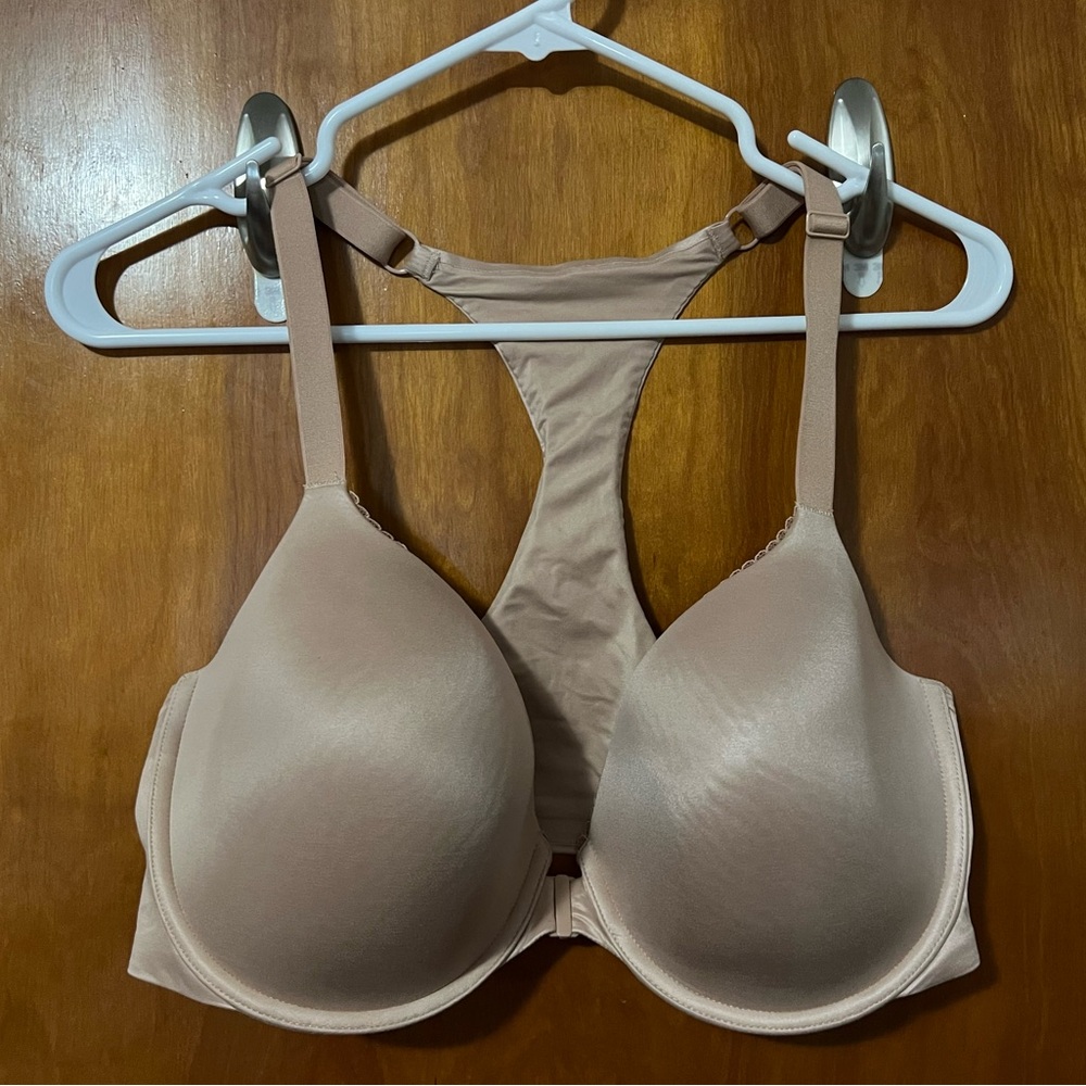 38DDD, Lane Bryant Cacique, tan/nude, front close, racerback, lined demi bra